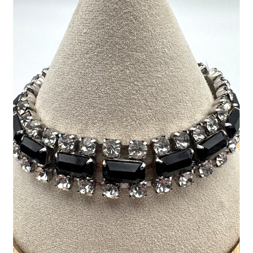 Vintage Rhinestone Bracelet Black Emerald Cut Clear 3 Row Jeweled Clasp MCM